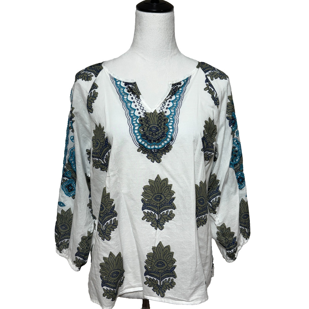 Talbots Top Womens Large Petite White Blue Embroidered Flowy Peasant Boho Beachy